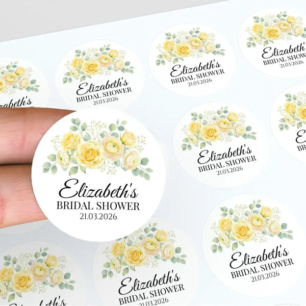 Personalised Yellow Rose Bridal Shower Stickers – Custom Name & Date – Watercolour Floral Favour Labels - Sticksy Prints Australia