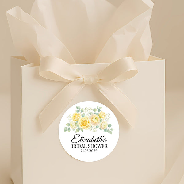 Personalised Yellow Rose Bridal Shower Stickers – Custom Name & Date – Watercolour Floral Favour Labels