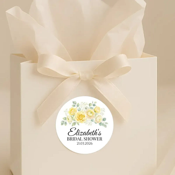 Personalised Yellow Rose Bridal Shower Stickers – Custom Name & Date – Watercolour Floral Favour Labels - Sticksy Prints Australia