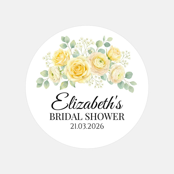Personalised Yellow Rose Bridal Shower Stickers – Custom Name & Date – Watercolour Floral Favour Labels