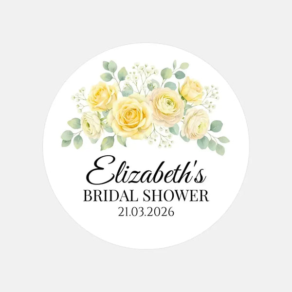 Personalised Yellow Rose Bridal Shower Stickers – Custom Name & Date – Watercolour Floral Favour Labels - Sticksy Prints Australia