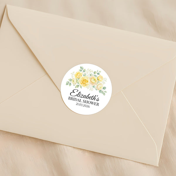 Personalised Yellow Rose Bridal Shower Stickers – Custom Name & Date – Watercolour Floral Favour Labels