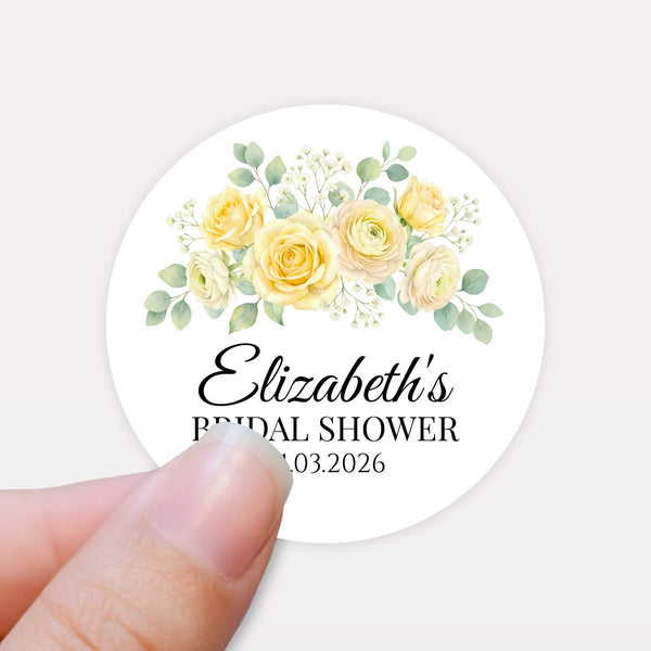 Personalised Yellow Rose Bridal Shower Stickers – Custom Name & Date – Watercolour Floral Favour Labels