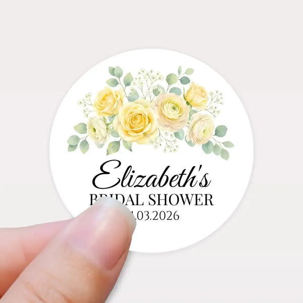 Personalised Yellow Rose Bridal Shower Stickers – Custom Name & Date – Watercolour Floral Favour Labels - Sticksy Prints Australia