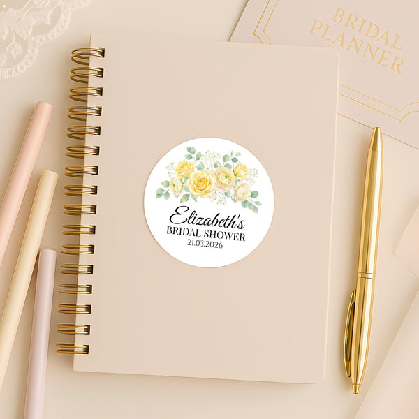 Personalised Yellow Rose Bridal Shower Stickers – Custom Name & Date – Watercolour Floral Favour Labels