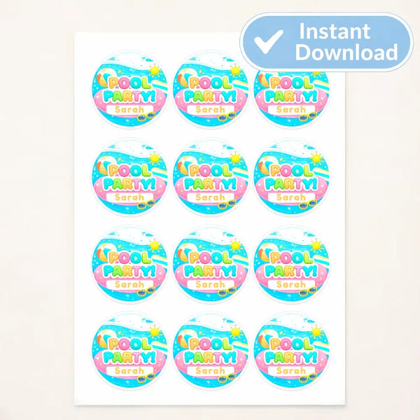 Pool Party Cupcake Toppers Printable | Editable Name Canva Template | Kids Birthday Party Decorations - Sticksy Prints Australia