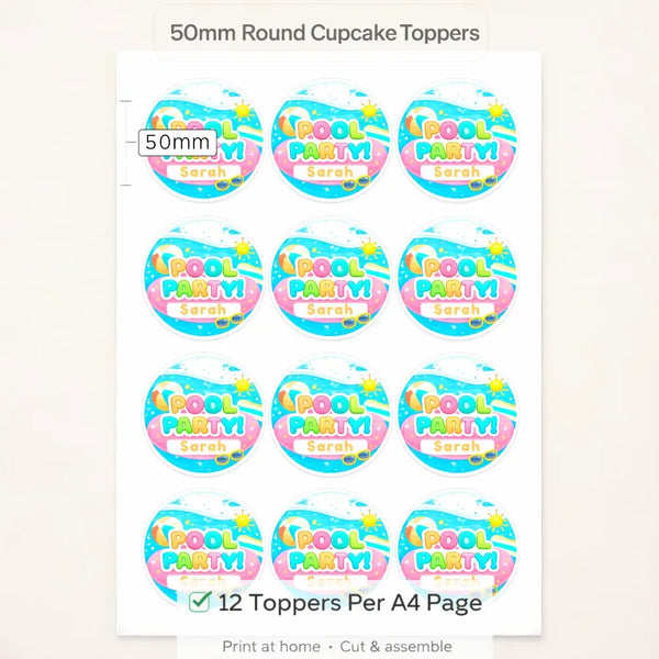 Pool Party Cupcake Toppers Printable | Editable Name Canva Template | Kids Birthday Party Decorations - Sticksy Prints Australia