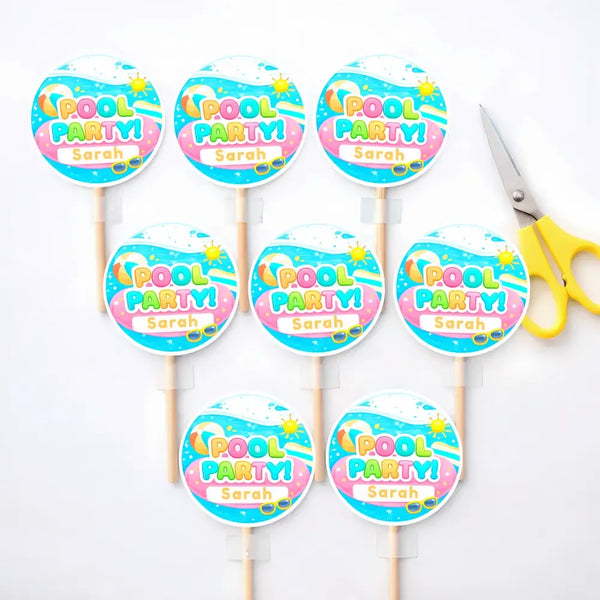 Pool Party Cupcake Toppers Printable | Editable Name Canva Template | Kids Birthday Party Decorations - Sticksy Prints Australia