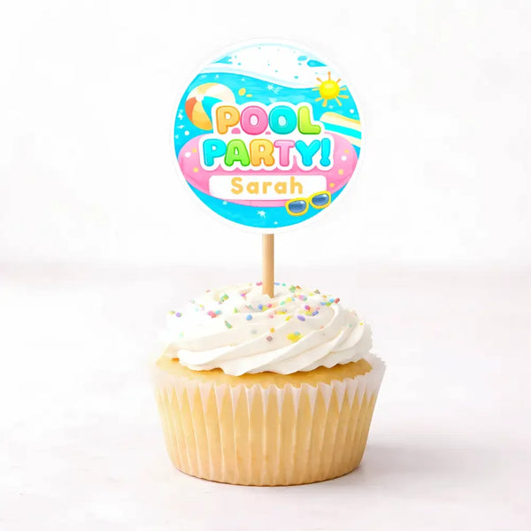 Pool Party Cupcake Toppers Printable | Editable Name Canva Template | Kids Birthday Party Decorations - Sticksy Prints Australia