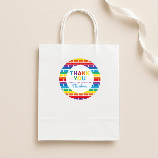Rainbow Brick Thank You Stickers – Custom Name Kids Birthday Party Favour Labels