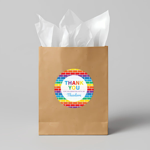 Rainbow Brick Thank You Stickers – Custom Name Kids Birthday Party Favour Labels