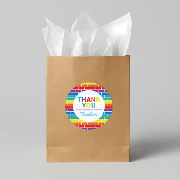 Rainbow Brick Thank You Stickers – Custom Name Kids Birthday Party Favour Labels - Sticksy Prints Australia