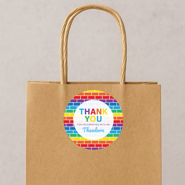 Rainbow Brick Thank You Stickers – Custom Name Kids Birthday Party Favour Labels
