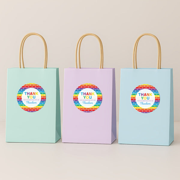 Rainbow Brick Thank You Stickers – Custom Name Kids Birthday Party Favour Labels