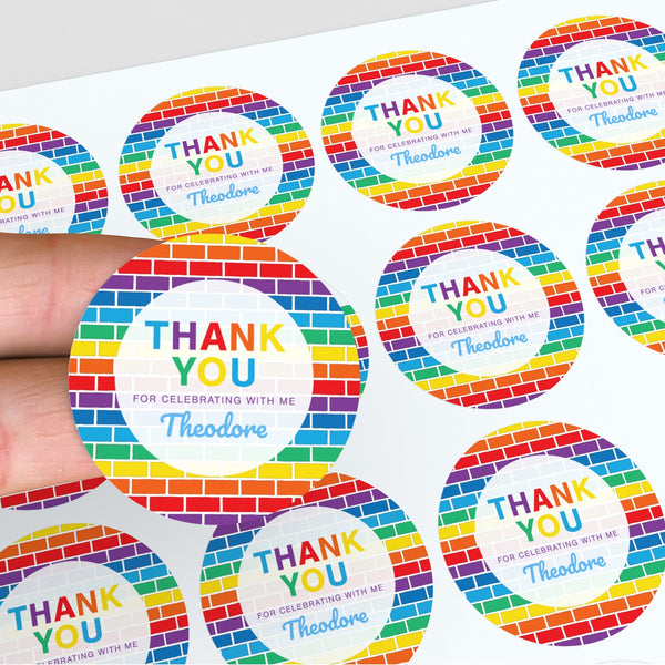 Rainbow Brick Thank You Stickers – Custom Name Kids Birthday Party Favour Labels