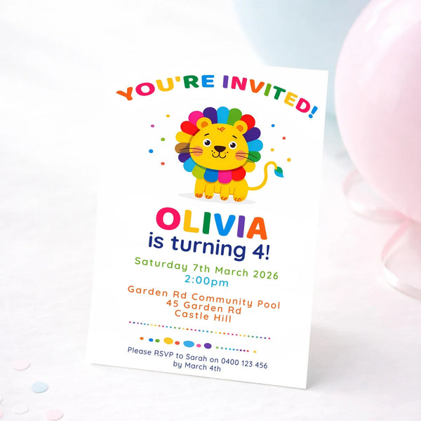 Rainbow Lion Birthday Invitations | Personalised Kids Party Invites | 4×6 Printed - Sticksy Prints Australia
