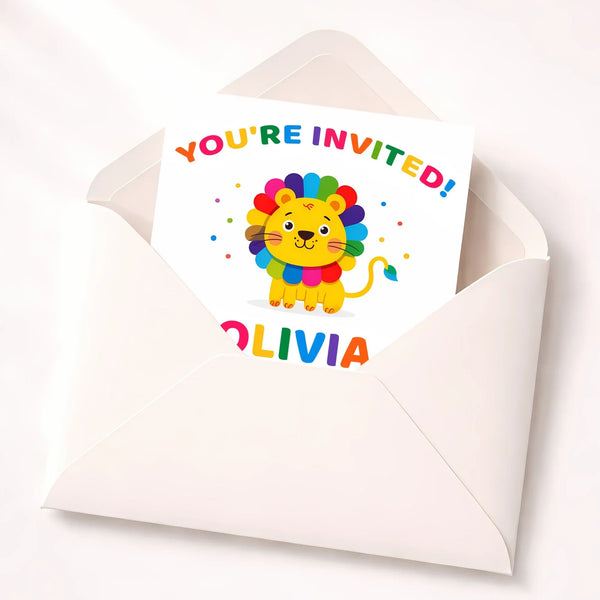 Rainbow Lion Birthday Invitations | Personalised Kids Party Invites | 4×6 Printed - Sticksy Prints Australia