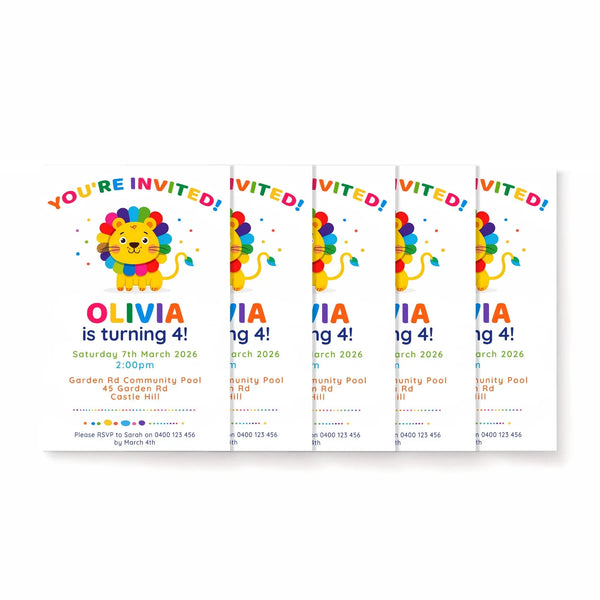 Rainbow Lion Birthday Invitations | Personalised Kids Party Invites | 4×6 Printed - Sticksy Prints Australia