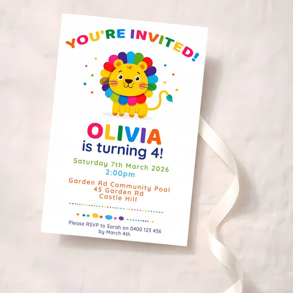 Rainbow Lion Birthday Invitations | Personalised Kids Party Invites | 4×6 Printed - Sticksy Prints Australia