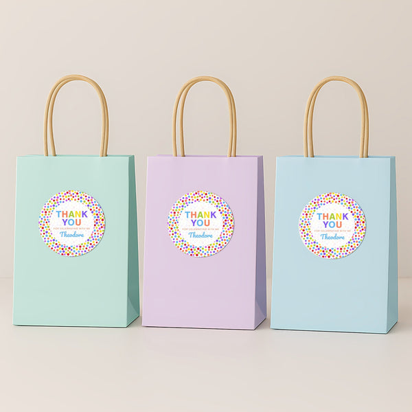 Rainbow Polka Dot Thank You Stickers – Custom Name Kids Birthday Party Favour Labels