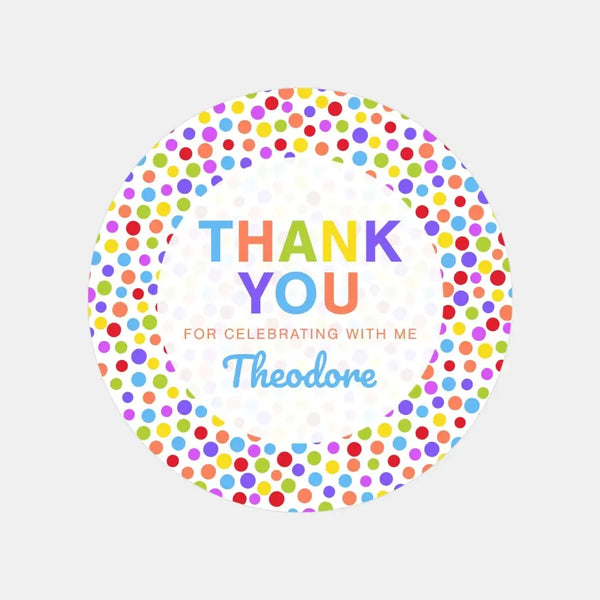 Rainbow Polka Dot Thank You Stickers – Custom Name Kids Birthday Party Favour Labels - Sticksy Prints Australia
