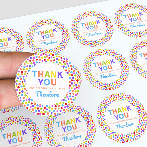 Rainbow Polka Dot Thank You Stickers – Custom Name Kids Birthday Party Favour Labels