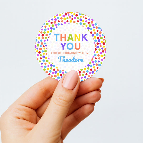 Rainbow Polka Dot Thank You Stickers – Custom Name Kids Birthday Party Favour Labels