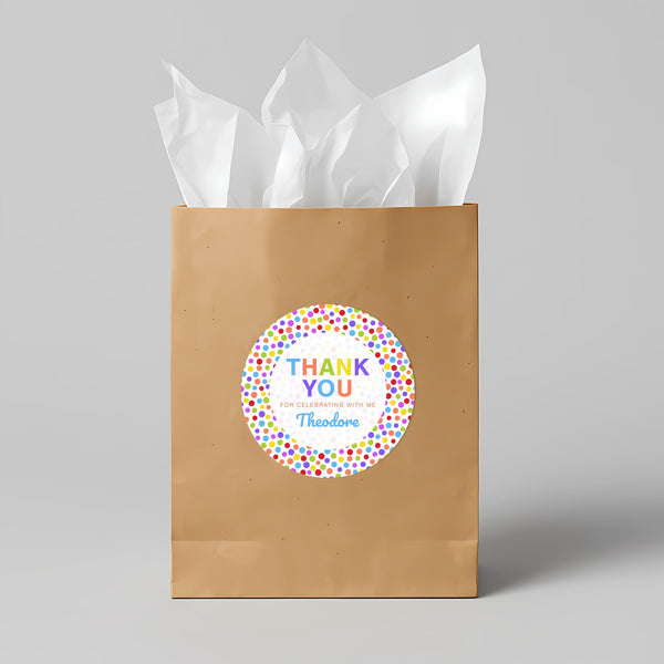 Rainbow Polka Dot Thank You Stickers – Custom Name Kids Birthday Party Favour Labels
