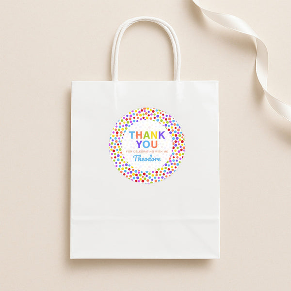 Rainbow Polka Dot Thank You Stickers – Custom Name Kids Birthday Party Favour Labels