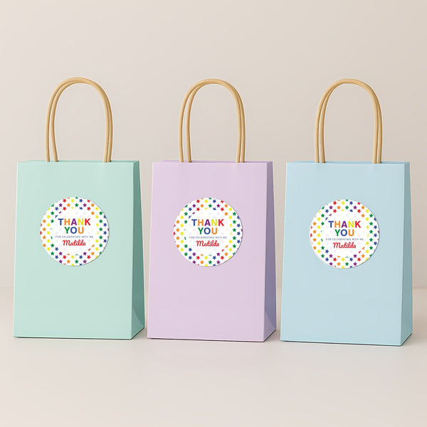 Rainbow Stars Thank You Stickers – Custom Name Kids Birthday Party Favour Labels