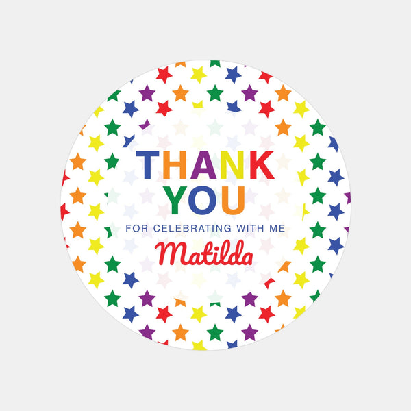 Rainbow Stars Thank You Stickers – Custom Name Kids Birthday Party Favour Labels