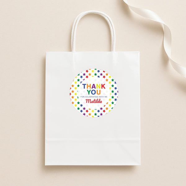 Rainbow Stars Thank You Stickers – Custom Name Kids Birthday Party Favour Labels