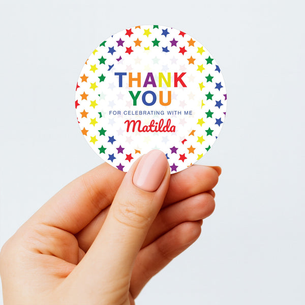 Rainbow Stars Thank You Stickers – Custom Name Kids Birthday Party Favour Labels