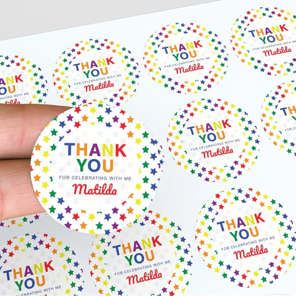 Rainbow Stars Thank You Stickers – Custom Name Kids Birthday Party Favour Labels - Sticksy Prints Australia