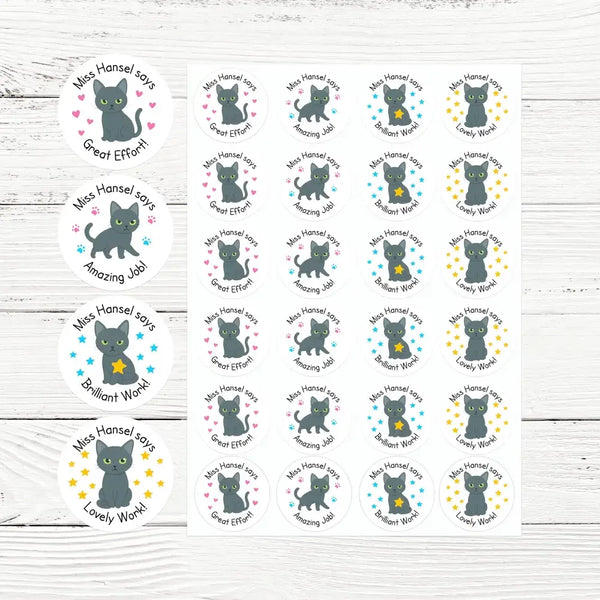 Personalised Russian Blue Cat Teacher Reward Stickers β Classroom Motivation & Praise - Sticksy Prints Australia