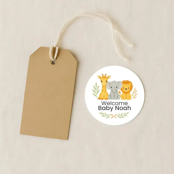 Safari Baby Shower Stickers – Personalised Giraffe Elephant Lion Welcome Baby Labels - Sticksy Prints Australia