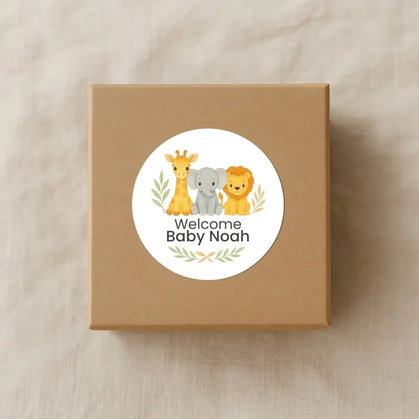 Safari Baby Shower Stickers – Personalised Giraffe Elephant Lion Welcome Baby Labels - Sticksy Prints Australia