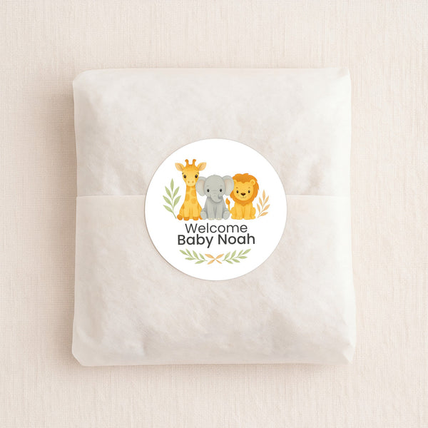 Safari Baby Shower Stickers – Personalised Giraffe Elephant Lion Welcome Baby Labels