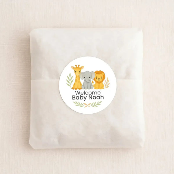 Safari Baby Shower Stickers – Personalised Giraffe Elephant Lion Welcome Baby Labels - Sticksy Prints Australia