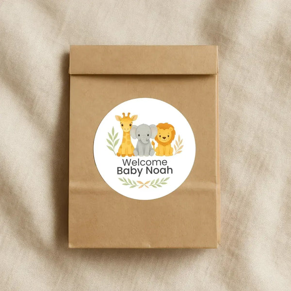 Safari Baby Shower Stickers – Personalised Giraffe Elephant Lion Welcome Baby Labels - Sticksy Prints Australia