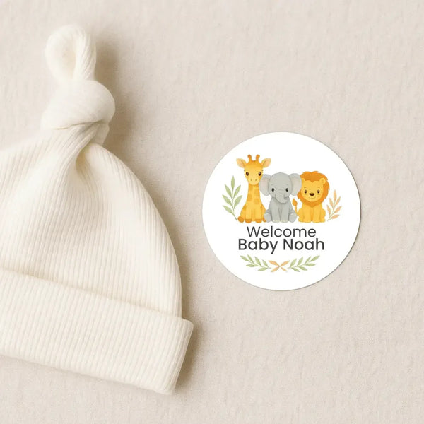 Safari Baby Shower Stickers – Personalised Giraffe Elephant Lion Welcome Baby Labels - Sticksy Prints Australia