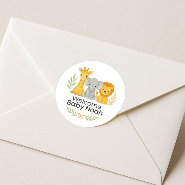 Safari Baby Shower Stickers – Personalised Giraffe Elephant Lion Welcome Baby Labels
