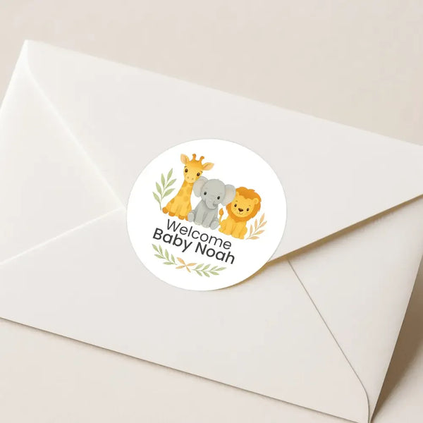 Safari Baby Shower Stickers – Personalised Giraffe Elephant Lion Welcome Baby Labels - Sticksy Prints Australia