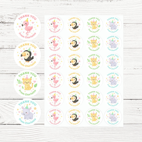 Safari Party Animal Thank You Stickers – Flamingo Rhino Toucan & Cheetah | Personalised Party Favour Labels