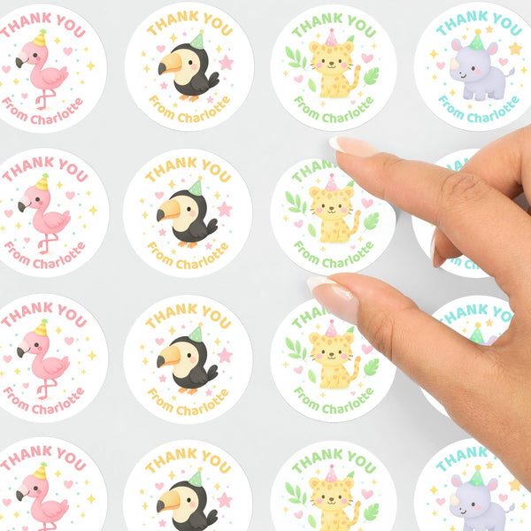 Safari Party Animal Thank You Stickers – Flamingo Rhino Toucan & Cheetah | Personalised Party Favour Labels