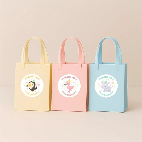 Safari Party Animal Thank You Stickers – Flamingo, Rhino, Toucan & Cheetah | Personalised Party Favour Labels - Sticksy Prints Australia