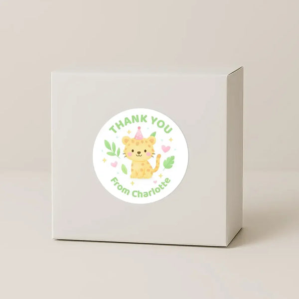 Safari Party Animal Thank You Stickers – Flamingo, Rhino, Toucan & Cheetah | Personalised Party Favour Labels - Sticksy Prints Australia