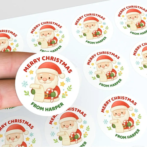 Santa Christmas Stickers – Personalised Name Label - Sticksy Prints Australia