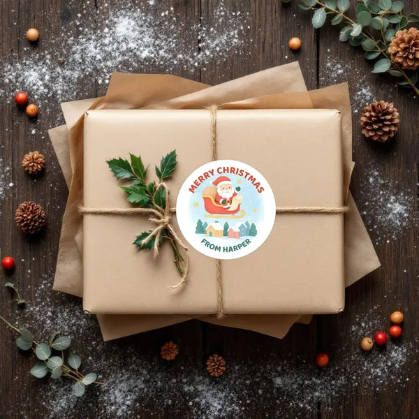 Santa Sleigh Personalised Merry Christmas Stickers – Watercolour Village - Sticksy Prints Australia