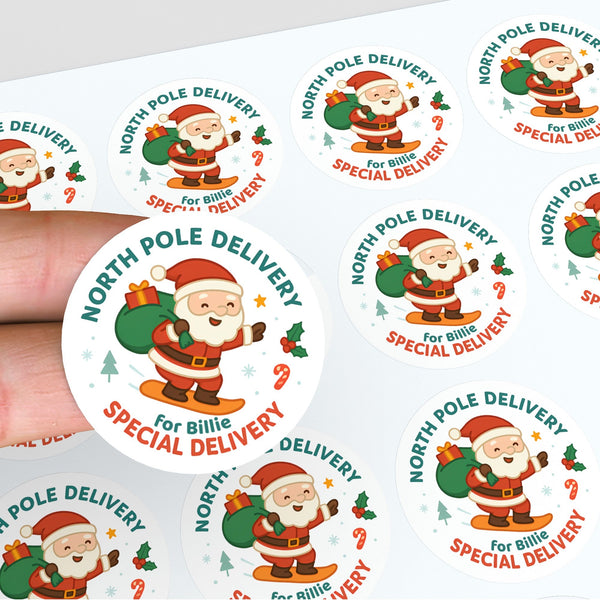 Santa Snowboarding Personalised Christmas Stickers – North Pole Delivery